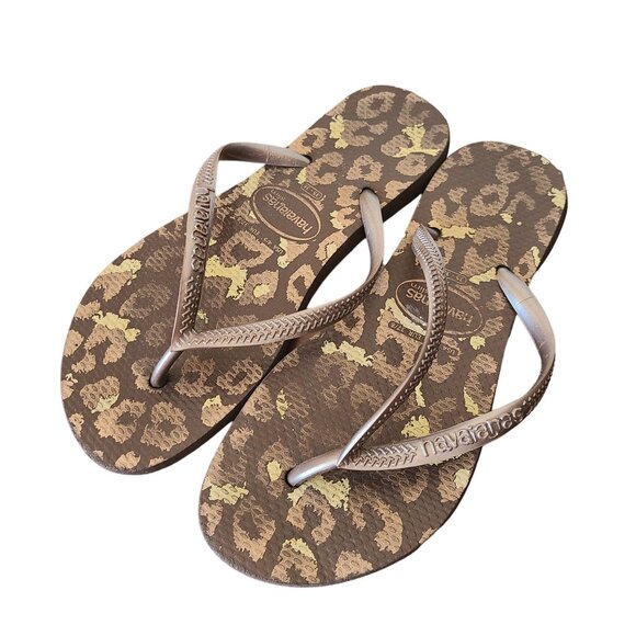 Havaianas Slim US Size 4/5 EU Size 37 Brown Animal Print Flip Flop Sandals - Picture 1 of 6